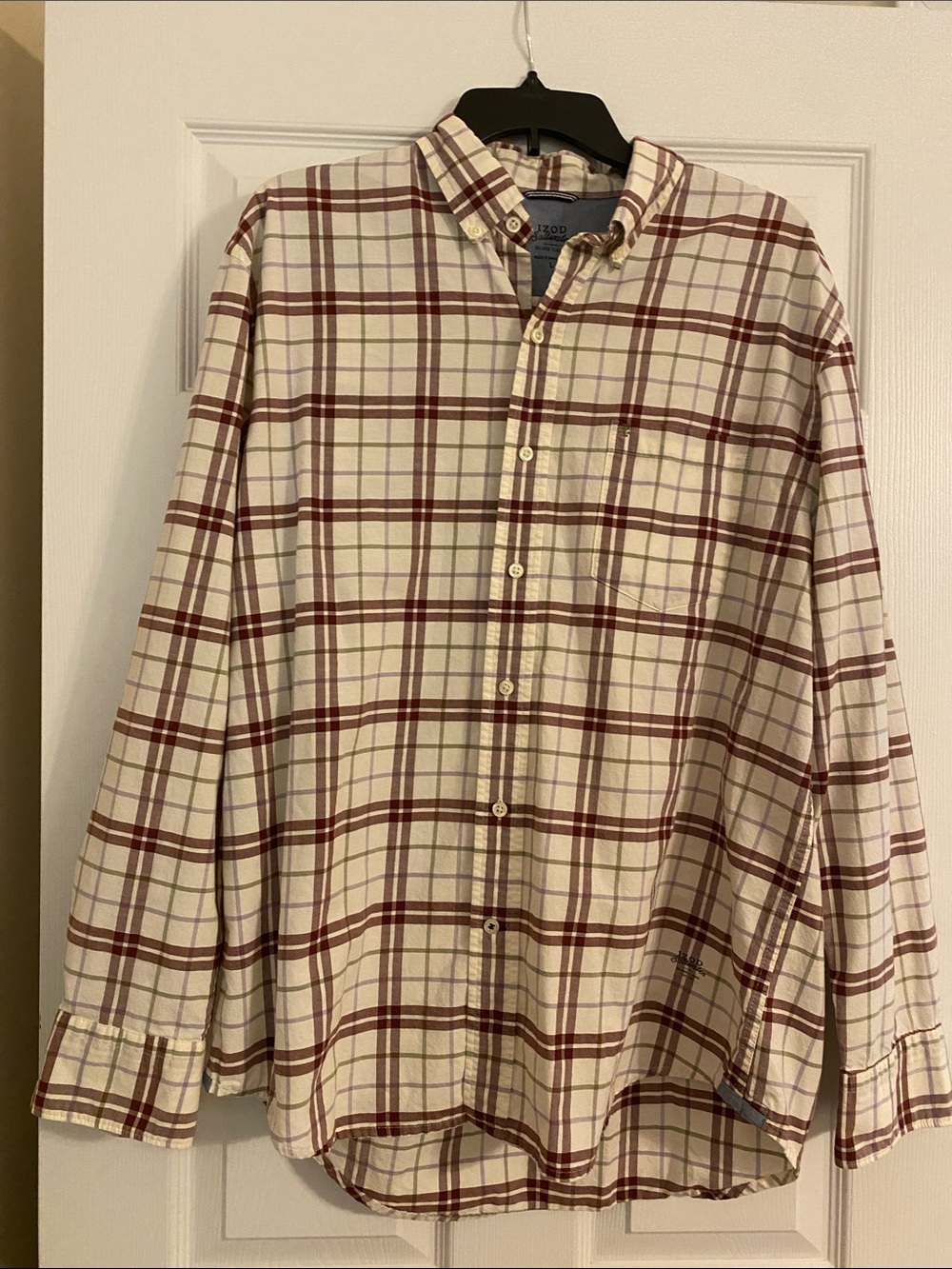 Izod Men’s Cream and Burgundy Plaid Button-Down Shirt